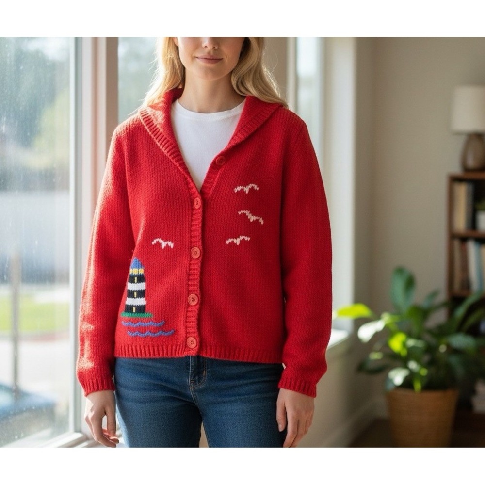 Vtg 90s Marisa Christina Red Knit Cardigan Nautical Lighthouse Coastal Sailor M